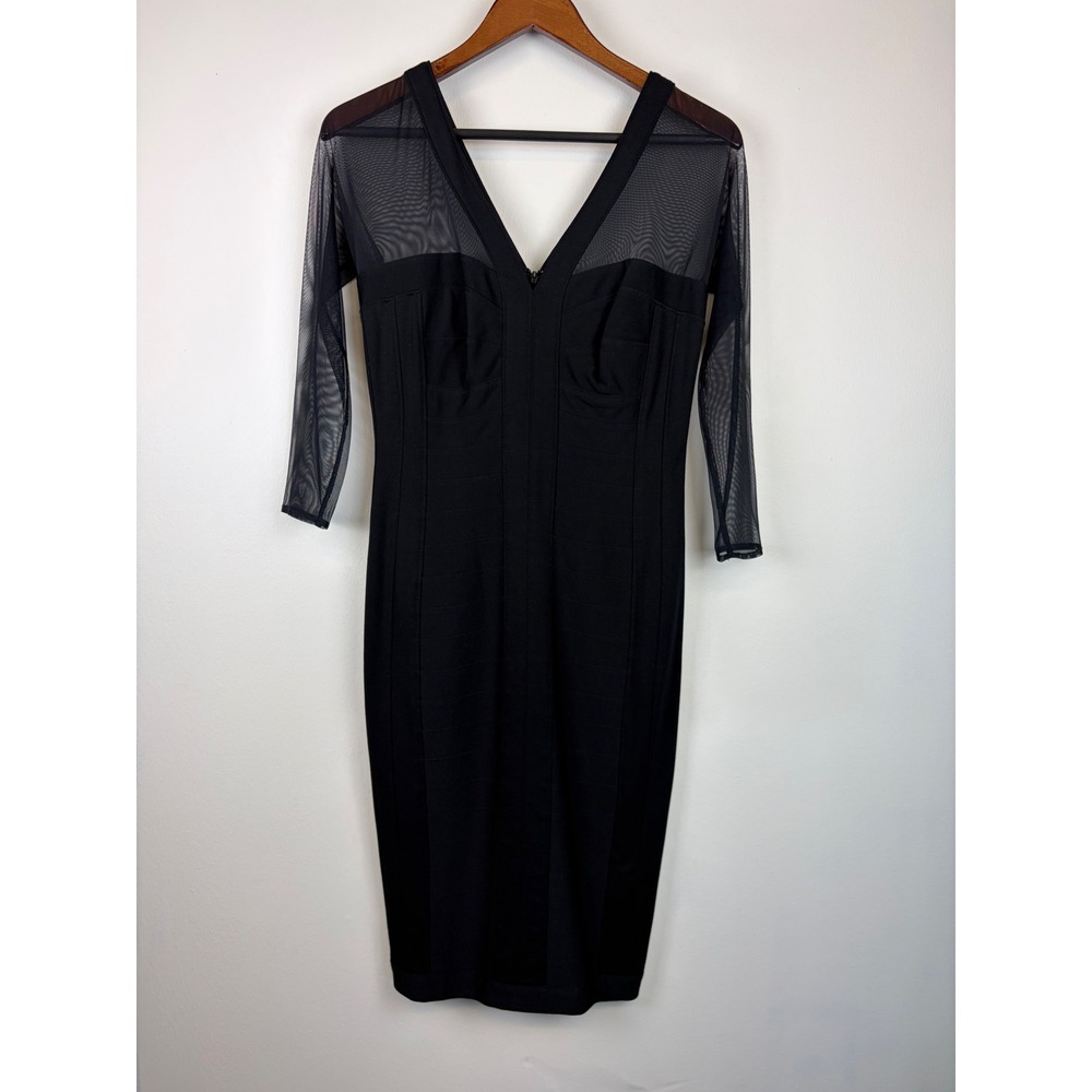 T by Tadashi Bodycon Dress Small Black Mesh V-Neck Sheer Sleeve Cocktail Party